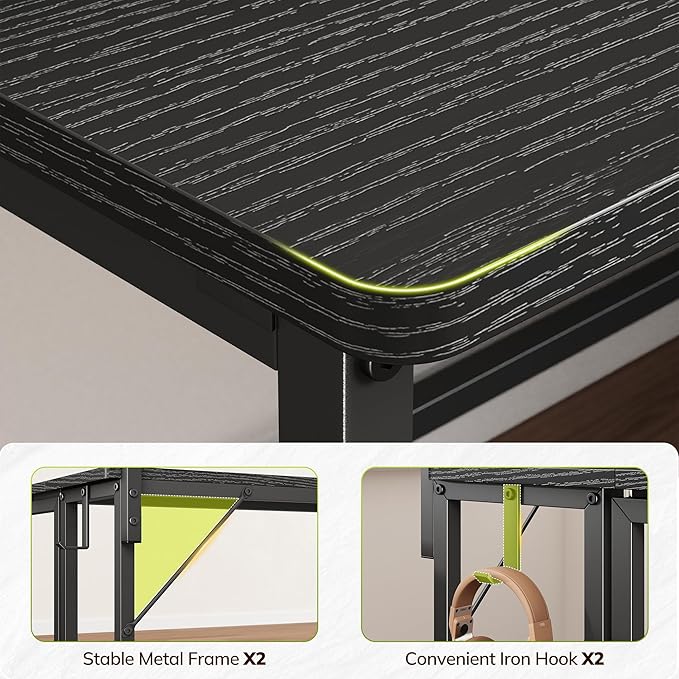 Folding Desk for Small Space,Foldable Computer Desk with Monitor Stand,31.5 Inch Small Desk with LED Lights for Bedroom Home Office,Writing Work Office Computer Desk with Hooks,Black