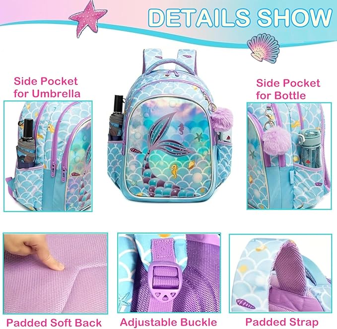 Kids Backpacks for Girls Mermaid School Bag with Lunch Box Lightweight Travel Backpack for Kids 3 in 1 Bookbag Back to School Supplies (12803-3)