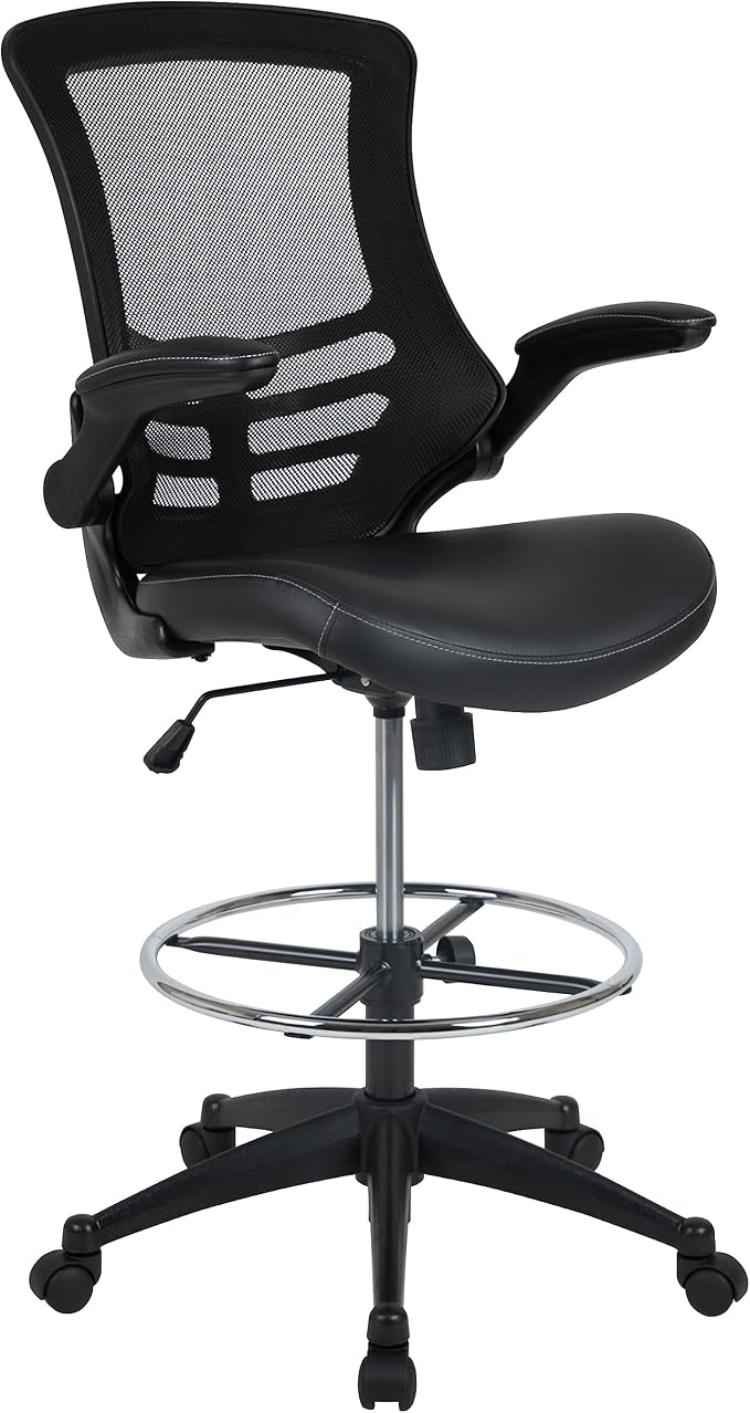 Flash Furniture Kelista Mid-Back Swivel Office Chair with Adjustable LeatherSoft Seat Height, Ergonomic Mesh Chair with Flip-Up Arms, Black | Leather soft Seat, Mid-Back, Flip-Up Arms, Mesh Back, Adjustable Foot Ring