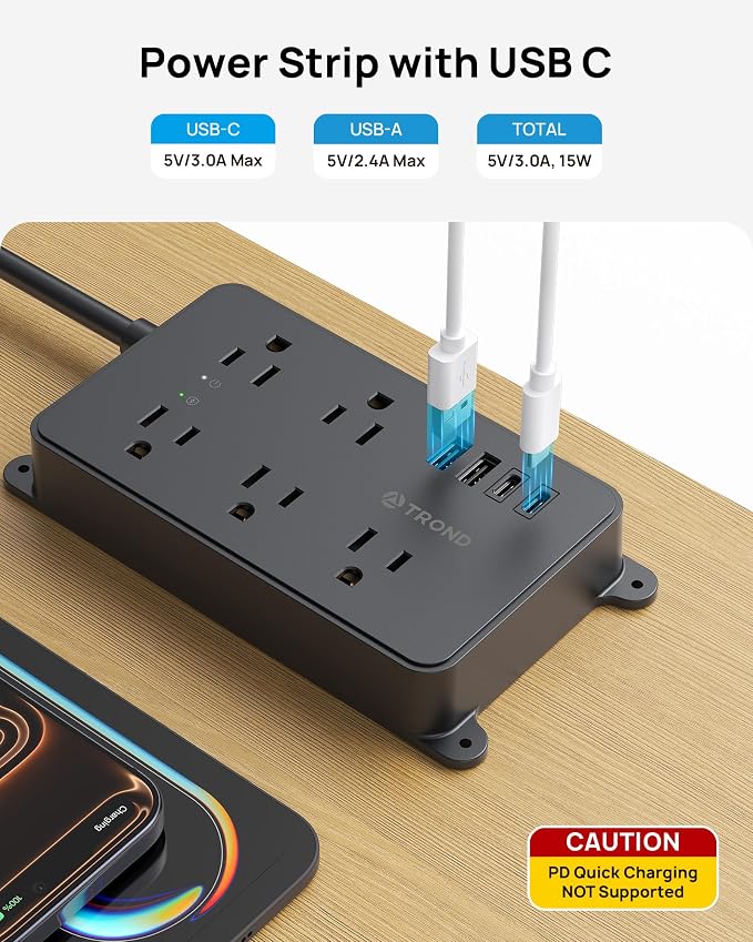 TROND Surge Protector Power Strip with 360° Rotating Plug, 10ft Extension Cord, ETL Listed, 5 Widely-Spaced Outlets with 4 USB Ports, 1300J Surge Protector, Wall Mountable, for Home Office, Black