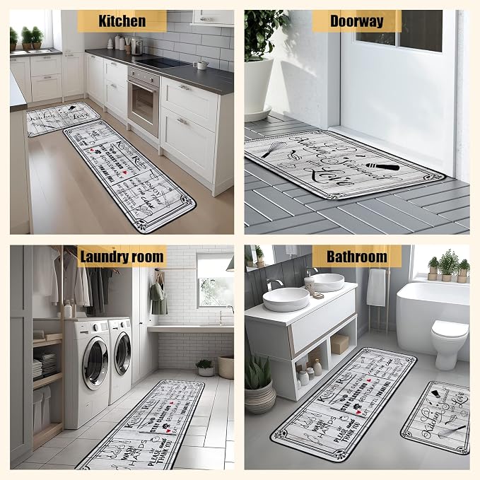 Kitchen Rug Sets of 2 Piece Non Slip Kitchen Rugs and Mats Washable Kitchen Mats for Floor Kitchen Carpet Runner Rugs Decor for Laundry Bathroom Living Room,White Kitchen Rules 20"x 59"+20"x 32"
