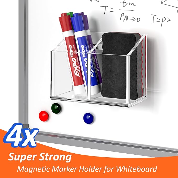Magnetic Dry Erase Marker Holder for Whiteboard, 2 Slot Pen Holder for Desk | Fridge Refrigerator, Non-slip, Acrylic, Strong, Locker Organizer, Storage Accessories,Clear, Pencil Cup Marker Organizer