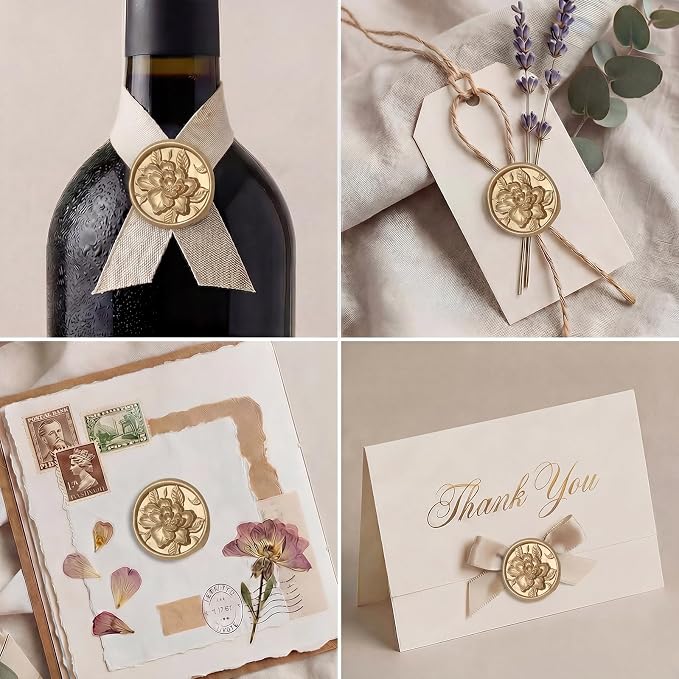 UNIQOOO Wax Seal Stickers - 3D Vintage Floral Wedding Invitation Envelope Botanical Seal Stickers, 50 Pcs Self- Adhesive Light Gold Flower Stickers, Perfect for Invitation, Gift Wrapping, Party