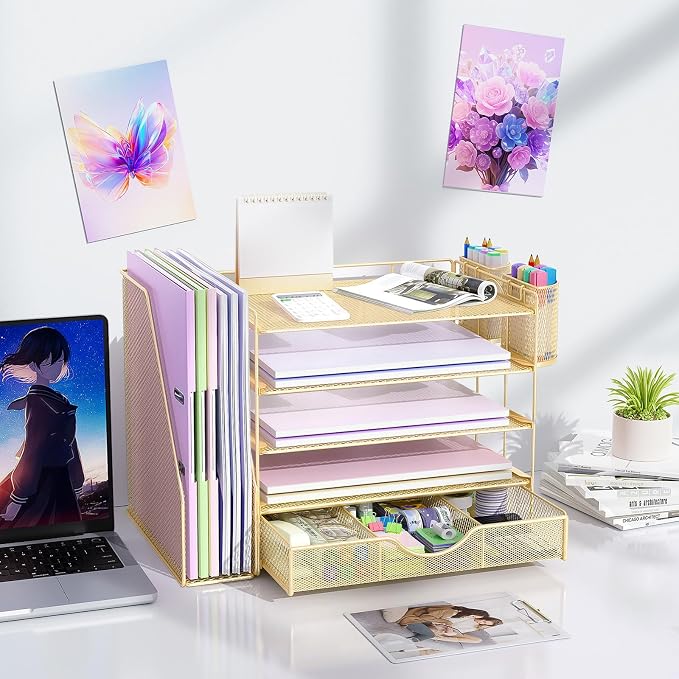 gianotter 5-Tier Desk Organizer with Drawers and File Holders | Letter Trays and Pen Holders - Workspace Accessories for Office Supplies (Gold)