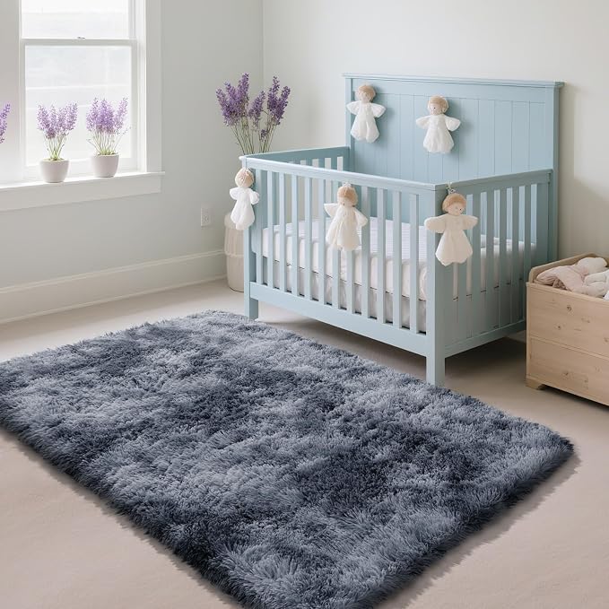 Fluffy Rug Shag Area Rug, Mottling Dark Grey 4x6 Area Rugs for Bedroom, Small Bedside Rug, Soft Fluffy Shag Entryway Throw Rugs for Living Room Bedroom Room Home Decor