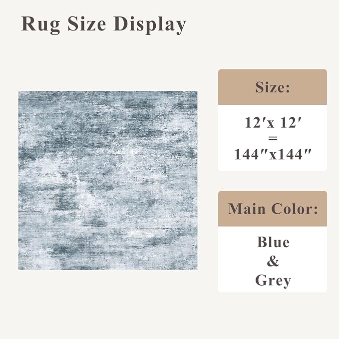 12x12ft Square Living Room Rug – Non-Slip Washable Extra Large Floor Carpet for Bedroom, Dining Room, Playroom Room – Modern Abstract Neutral Thin Low-Pile Big Indoor Rug (Misty Blue Gray)