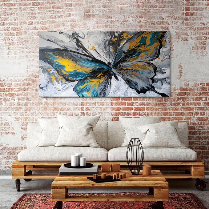 Abstract Butterfly Wall Art Teal Grey Yellow Butterfly Wall Decor Modern Marble Textured Canvas Poster Luxury Fluid Pictures Watercolor Neutral Artwork Living Room Bedroom Home Decoration 30x60"