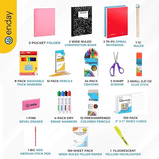 Enday 2nd and 3rd Grade School Supplies Kit - 74 Piece Back to School Supplies Kit, Premium Quality Kids School Supplies for Girls & Boys, Second & Third Grade Elementary School Supplies for Kids