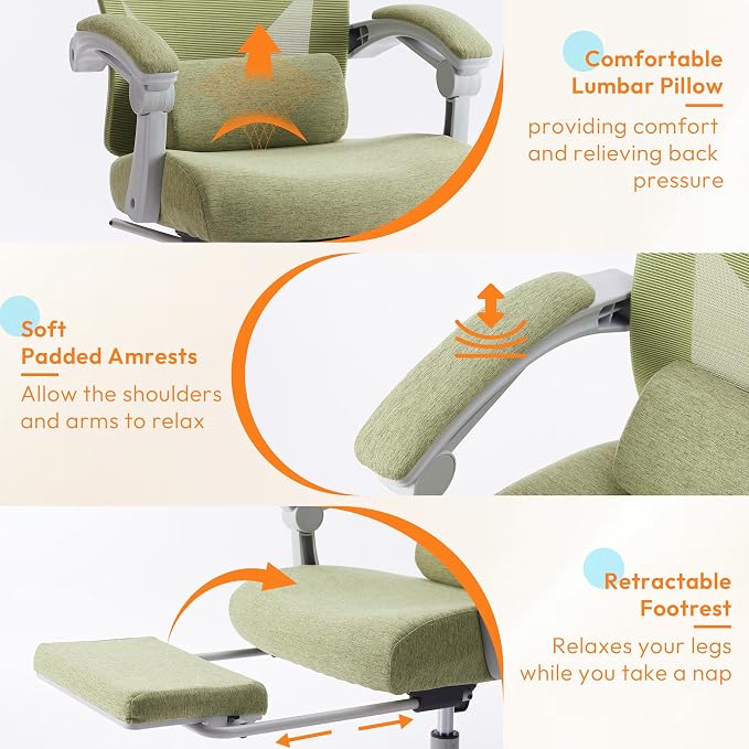 Home Office Desk Chair, Comfortable Mesh Chair with Foot Rest, Light Green | Reclining Gaming Chair with Headrest and Lumbar Support, 90°-130° Reclining, Silent Swivel