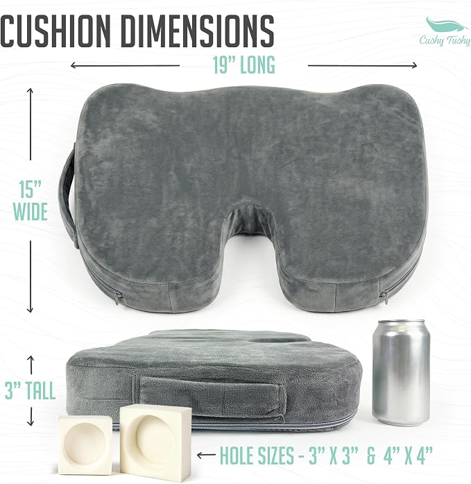 Cushy Tushy Premium Customizeable Seat Cushion, Gray | Moveable Holes, Customizable High Quality Foam, Relief for Lower Back, Sciatic, & Tailbone Pain