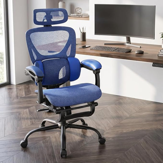 MALOL Ergonomic Mesh Office Chair with Footrest, Executive High Back Computer Desk Chair with 3D Adjustable Headrest & 5-Level Lumbar Support, Track Armrest, Tilt Lock, 300LBS, Blue