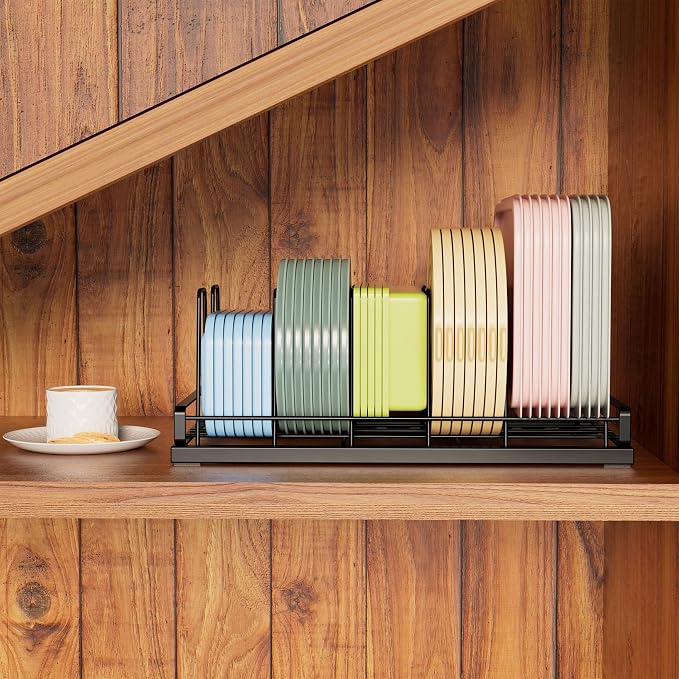 Food Container Lid Organizer Rack with Adjustable 6 Dividers, Black | Full-Metal Pot and Pan Organizer Holder for Home Kitchen Cabinets, Drawers, Countertop, Cupboards, Pantry Shelves Storage