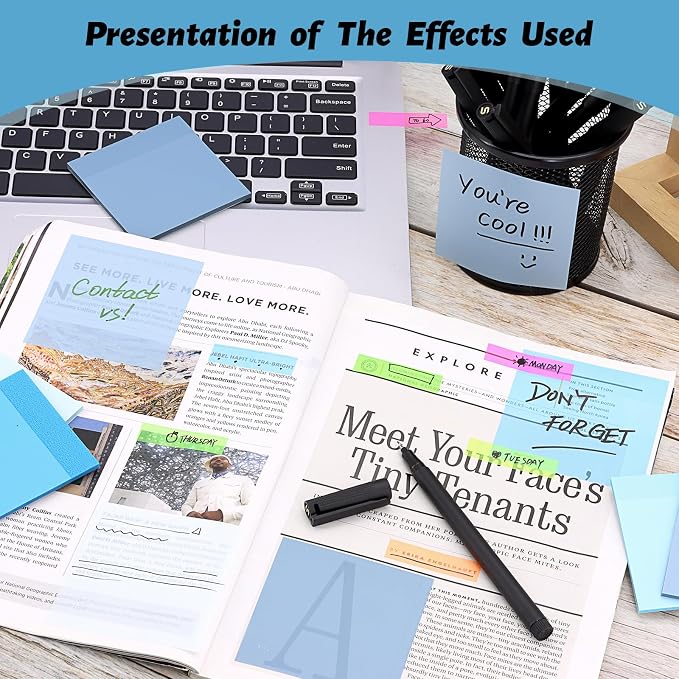 ‎SYMDROMIA Transparent Sticky Notes, 3"x3" Clear Post Translucent Sticky Notes with See Through Self-Adhesive Sticky Pads for Office School College Supplies,800 Sheets Ocean Blue