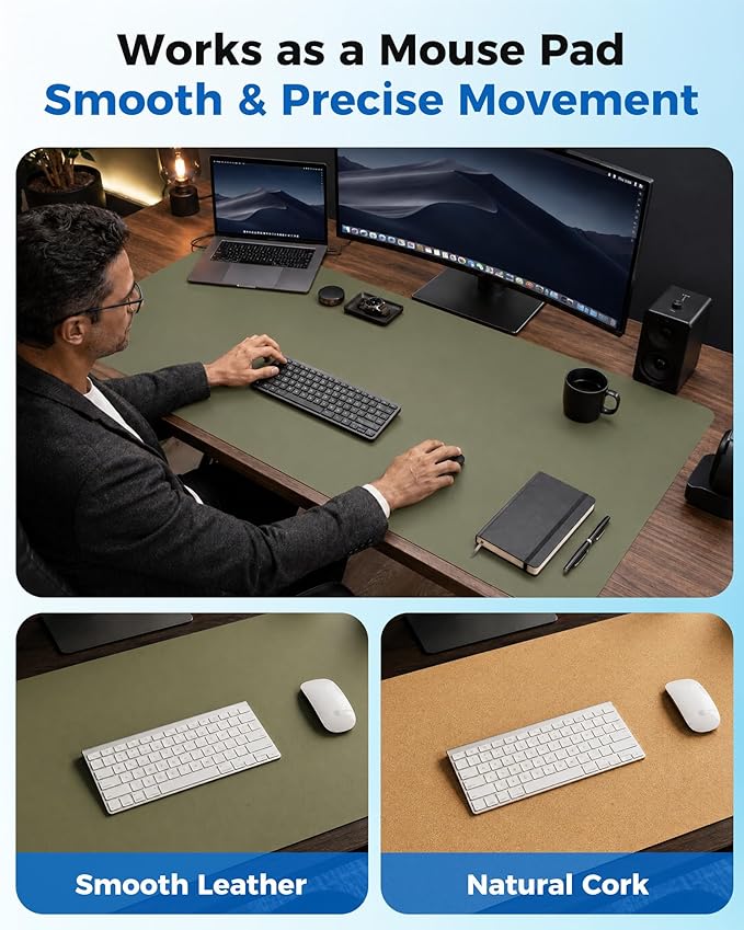 Aothia Cork Desk Mat - Dual-Sided Extra Large Desk Pad & Keyboard Mat, Long PU Leather Desk Protector, Waterproof Desktop Blotter (47" x 17", Olive Green)