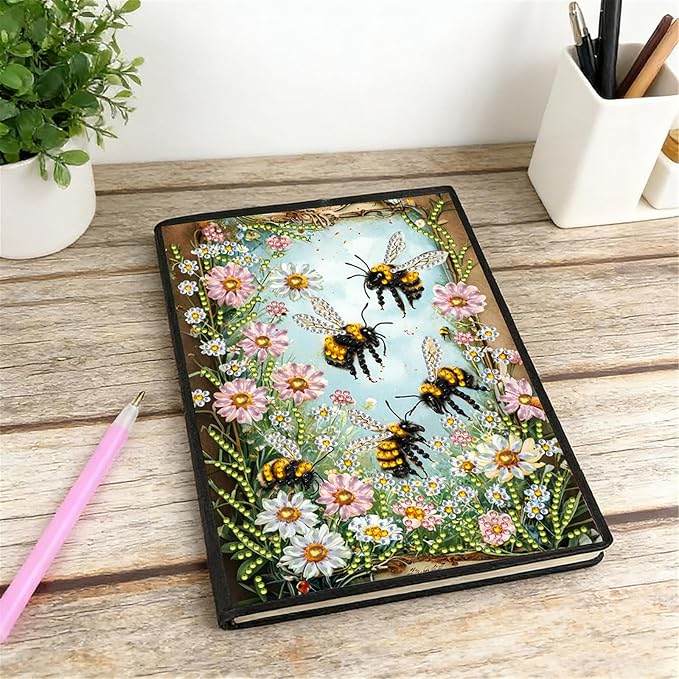 FRANDEK Diamond Art Painting Notebook Kit for Adults, Bee Flowers A5 PU DIY Journal with 50 Blank Pages, Crystal Rhinestone Beginner Craft Set with Full Tools, Gifts For Back To School Students