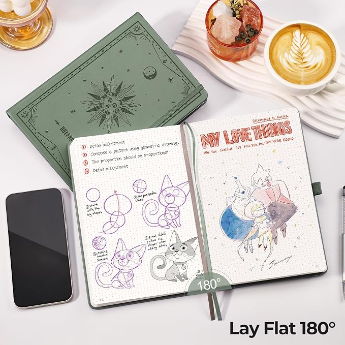 EMSHOI Dotted Journal Notebook, 320 Pages, A5 Small 5.75"x8.38", PU Leather Hardcover, 100 GSM Thick Paper, 5mm Dot Grid Notebook for Journaling, Planning, Drawing, Writing, Green