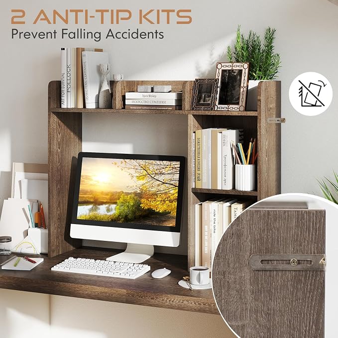 Tangkula Desktop Bookshelf, Countertop Storage Hutch with Shelves for Computer Desk, Desk 3-Tier Display Rack, Multipurpose Wood Desktop Hutch Storage Organizer for Dorm Office