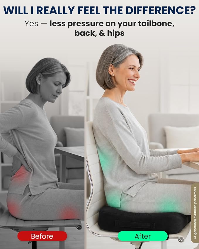 5 STARS UNITED Seat Cushion - Memory Foam & Cooling Gel - Chair Cushion for Tailbone Pain Relief - Ergonomic Support for Coccyx, Sciatica & Butt - Office, Desk & Gaming Chair, Car, Wheelchair, Black