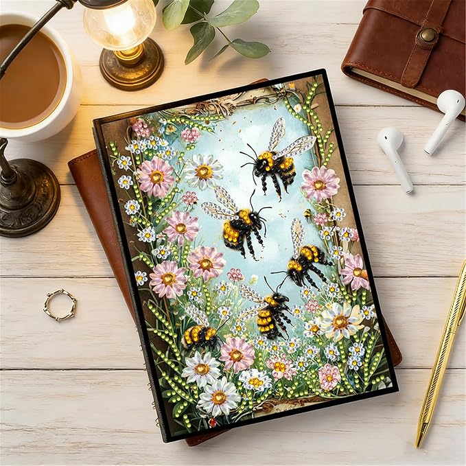 FRANDEK Diamond Art Painting Notebook Kit for Adults, Bee Flowers A5 PU DIY Journal with 50 Blank Pages, Crystal Rhinestone Beginner Craft Set with Full Tools, Gifts For Back To School Students
