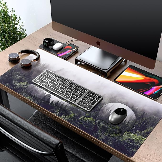 iCasso Desk Mat, Gaming Mouse Pad Wrist Support Set,4in1 XXL Large Mousepad + Keyboard Wrist Rest+Mouse Wrist Rest+Coaster Set with Ergonomic Design for Home Office Table Computer-Forest
