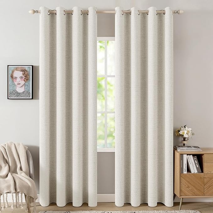 MIULEE Linen Texture Curtains for Bedroom Solid 100% Blackout Thermal Insulated Linen Beige Curtains Grommet Room Darkening Drapes for Living Room 52x72 Inch (2 Panels)