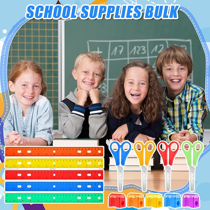 AmazingSpark 180 Pcs Back to School Supplies Kit Include 60 Clear Plastic Ruler 12 Inch 60 Safety Blunt Tip Student Scissors 60 Miniature Pencil Sharpeners with Cover for Classroom School Office