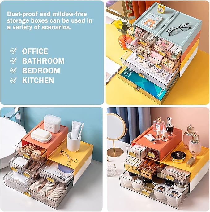 2PACK Stackable Desktop Storage Organizer Plastic Desk Organizer with Drawer Stacking Drawer for Pantry, Locker, Makeup, Vanity, Garage and Small Organization(M - 1 Drawer, Cream White)