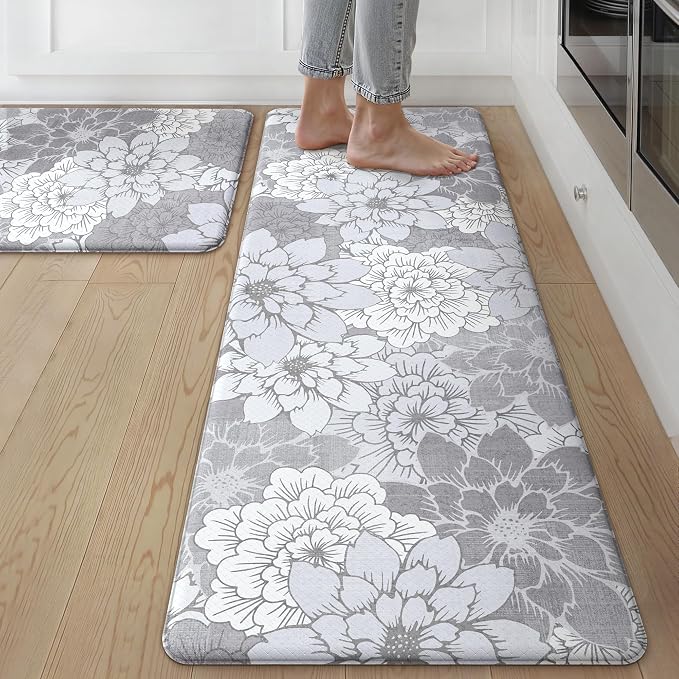 GENIMO Anti Fatigue Kitchen Mats for Floor 2PCS, Cushioned Standing Mats | 17.3"x59"&17.3"x30", Lavender Greyvintage floral rug set, waterproof, non slip, easy-clean for farmhouse