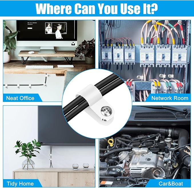 VIPMOON 100Pcs 3/8 Inch R Type Cable Clips, Plastic Cable Clamps White with 100Pcs Screws, Mounting Cable Fasteners for Electrical Wire Clamps Management