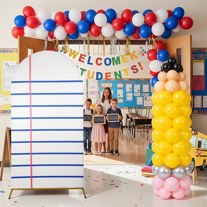 SmoothNovelty 193 Pcs Back to School Arch Backdrop Cover, 7.2 ft Notebook Arch Cover and Pencil Balloons Stand Kit Welcome Back Background Party Supplies Decor for First Day of School Kindergarten