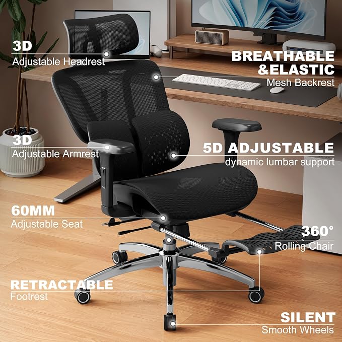 Vonesse Ergonomic Office Chair with Footrest, Desk Chairs with Adjustable 3D Headrest and Armrests, Computer Gaming Chair with Dynamic Lumbar Support & Adjustable Depth Breathable Mesh Seat (Black)