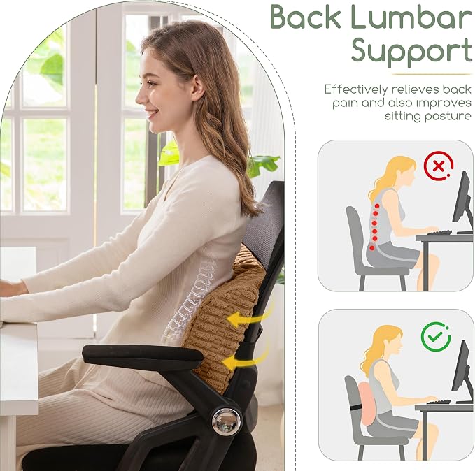 Lumbar Support Pillow for Recliner Chair/Office Chair/Couch, Memory Foam Back Support Cushion with Adjustable Strap, Recliner Cushions for Lower Back Pain Relief, Sleeping, Washable Cover, Brown