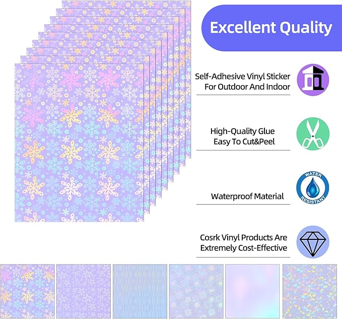 36 Sheets Holographic Laminate Sheets 8.5x11 Inch Self Adhesive 6 Patterns | Transparent Holographic Vinyl Laminate Film Waterproof Overlay Lamination for Sticker Paper, Photos, Crafts, Scrapbooking