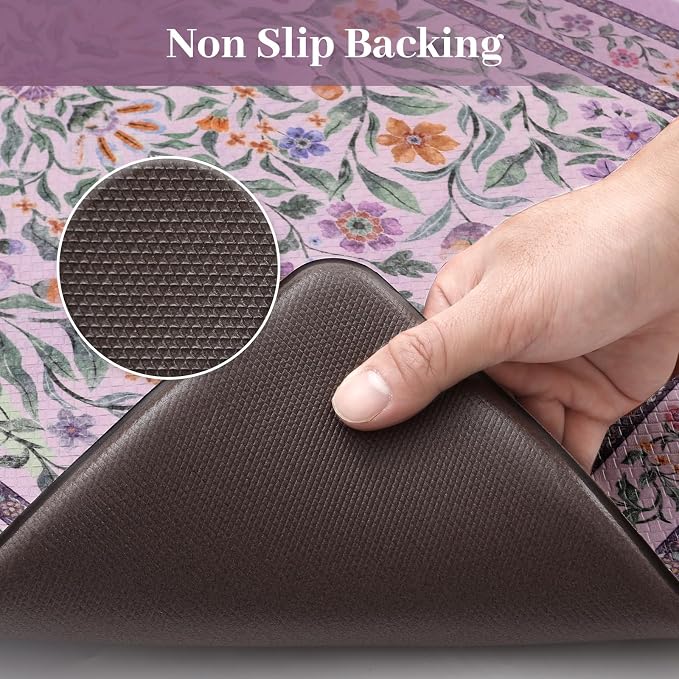 KIMODE Anti Fatigue Kitchen Mat, Cushioned Boho Kitchen Rugs Sets of 2, Farmhouse Kitchen Mats for Floor Non Slip, Waterproof Standing Desk Mats for Laundry Office Sink Purple 17.3"x29"+17.3"x47"