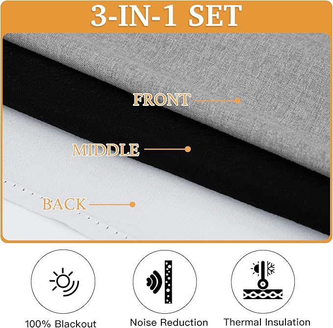 RYB HOME 3 in 1 Soundproof - Blackout - Insulation Linen Curtains, Noise Blocker Energy Saving Curtains for Bedroom Living Room Studio Home Office, Grey, W52 x L102 in, 2 Panels