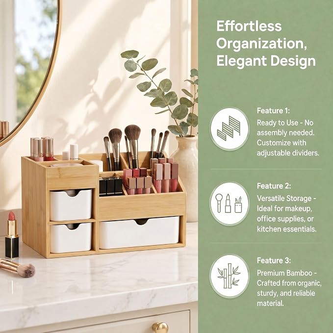 Bamboo Makeup Organizer with 3 Drawers & Adjustable Dividers, Desk Cosmetic Storage Box, Vanity Countertop Organizer for Bathroom, Office, Bedroom, Natural Bamboo Color (11.5x5.4in)