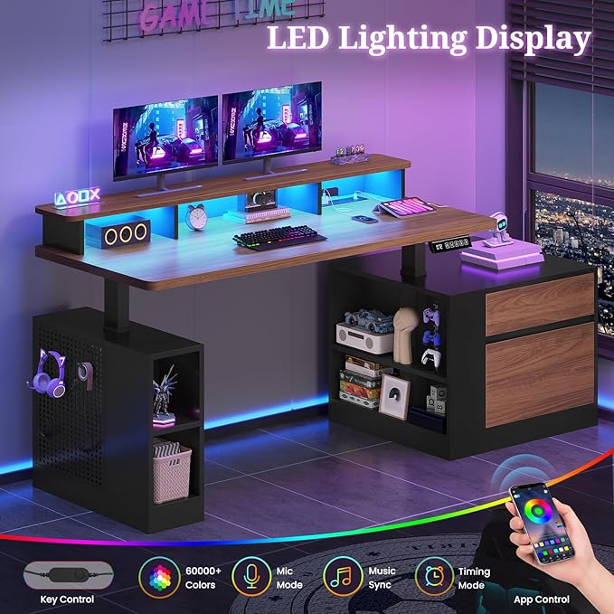 Standing Desk Adjustable Height, 70" Executive Electric Office Desk, Sit Stand Computer Desk with Storage Drawer, Power Outlets, Led Lights, Monitor Stand, Printer Space, Pegboard Black&Walnut