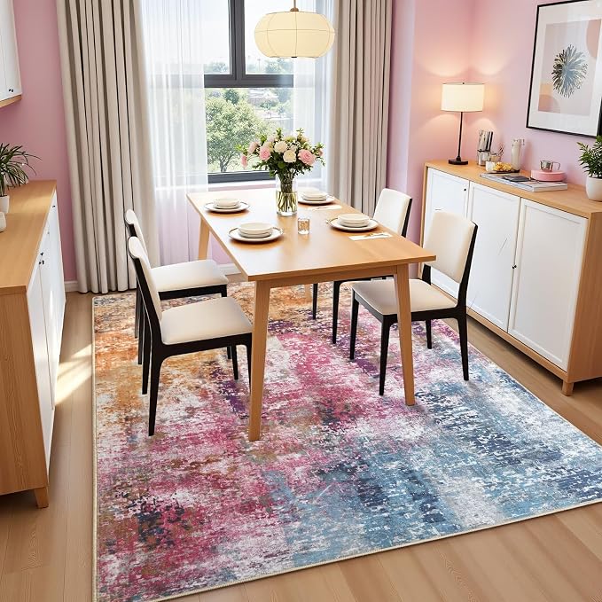 Macgace Washable Abstract Rug, 4x6 Modern Area Rugs with Non-Slip Rubber Backed for Living Room, Thin but Soft Contemporary Carpet Kitchen Bedroom Decor, Galaxy