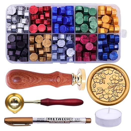 SWANGSA Botanical Begonia Wax Seal Stamp Kit with 200pcs Sealing Wax Beads, Great for Embellishment of Wedding Invitations, Wine Packages, Gift Wraps