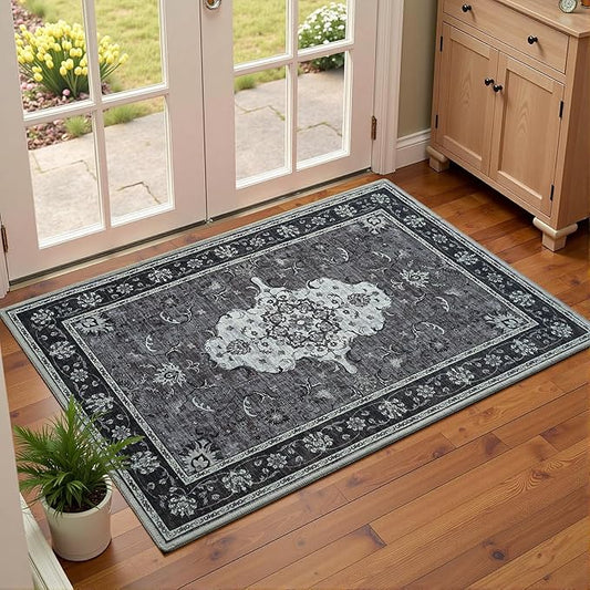 2x3 Front Door Rug,Vintage Washable Area Rugs for Entryway, Non Slip Small Indoor Floor Carpet, Print Black/Grey Door Mat, Soft Low Pile Carpets for Entrance Kitchen Bedroom Bathroom