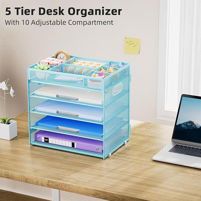 Marbrasse 5 Tier Paper Organizer, Mesh Desk Letter Tray with Handle,Blue | Paper Sorter Desk Organizer for Letter/A4 Office File Folder Holder Home Office Supplies