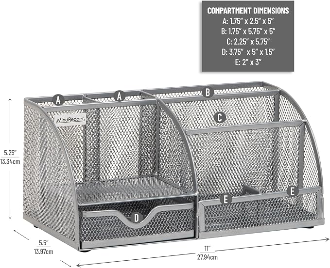 Mind Reader 7-Compartment Desktop Organizer, Metal Mesh Desk Organizer for Pens, Sticky Notes, Mail and Office Supplies, Silver