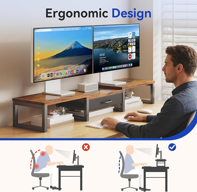 Desk Organizers and Accessories, Dual Monitor Stand Riser with Drawer, Computer Monitor Stand, Adjustable Desk Shelf for PC Laptop Printer TV, Brown