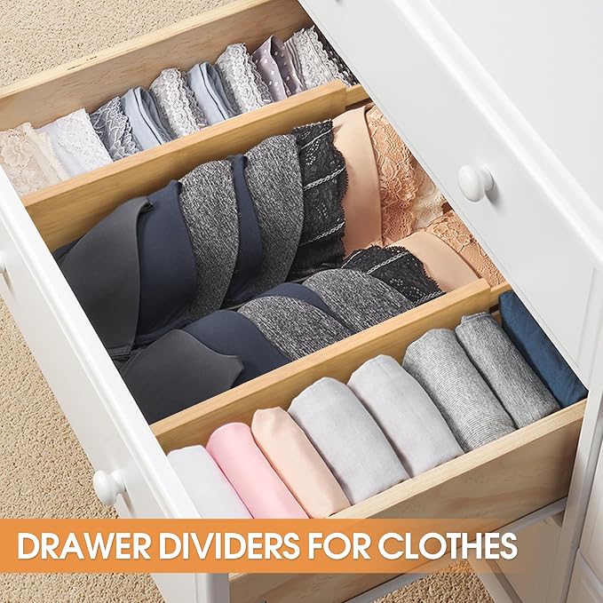 Bamboo Drawer Dividers, Adjustable Drawer Organizers, Fits 12.6–16" Drawers | 2.5" High, 4 Pack Expandable Drawer Separators for Kitchen, Nursery, Dressers & Office Storage, Natural