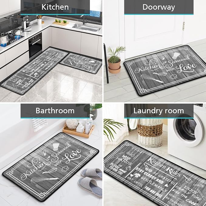 Voanos Grey Kitchen Rugs,Non Skid Washable Microfiber Kitchen mats for Floor, Kitchen Rules Theme Kitchen Cushioned Runner Rug Decor Sets of 2,Size 17"x 47"+17"x 30"