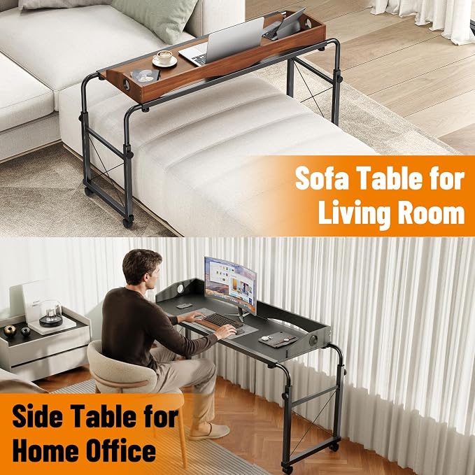 BYMECOST Laptop Desk for Bed, Adjustable Height & Length Laptop Bed Table | Overbed Table with Wheels for Queen Size Beds,Rolling Standing Desk,Over Bed Desk for Working Reading Eating