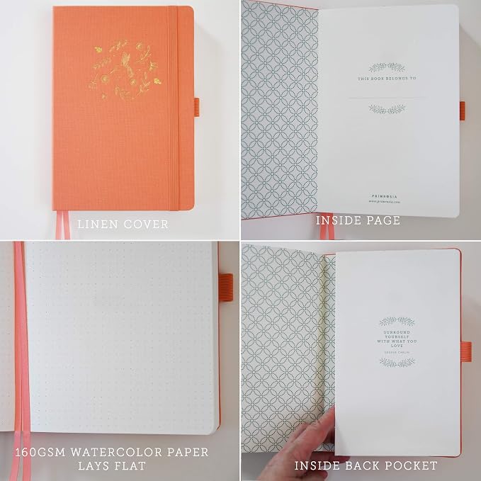 Primrosia A5 Dot Grid Watercolor Journal Notebook – 160 pages I 160gsm Premium Heavy Paper, No Bleed – Luxe Linen Hard Cover (Peach Hummingbird)
