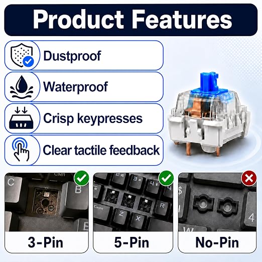 120 Pcs Blue Mechanical Keyboard Switches 3-Pin Tactile Compatible with Most Gaming Keyboards, Dustproof & Waterproof Keyboard Clicker, Including 2Pcs Switch Puller