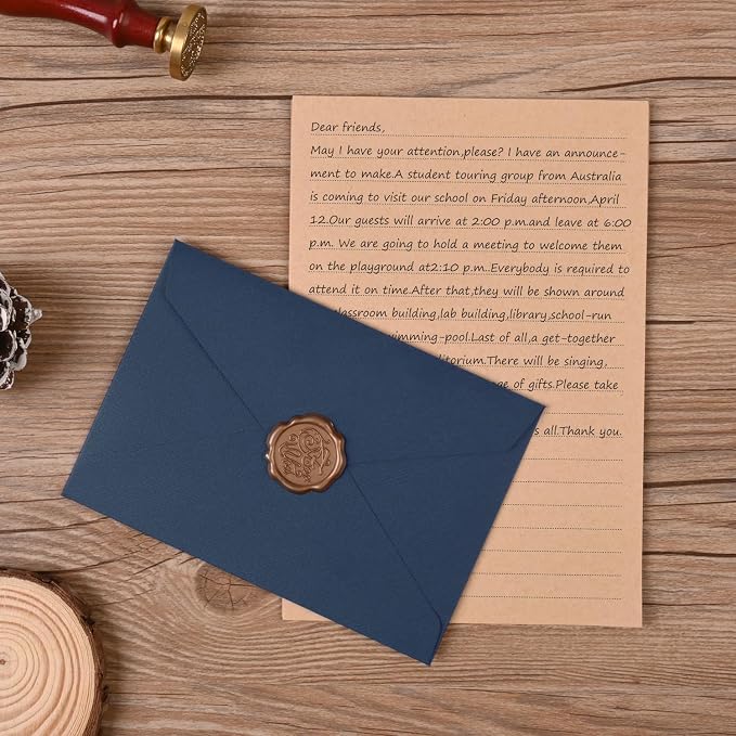 48 Pieces Stationery Set with Envelopes (24 Kraft Paper Sheets + 12 Linen Texture Envelopes+12 Wax Seal Stickers), Stationery Letter Writing Paper Set for Love Letters and Party Invitations (Blue)