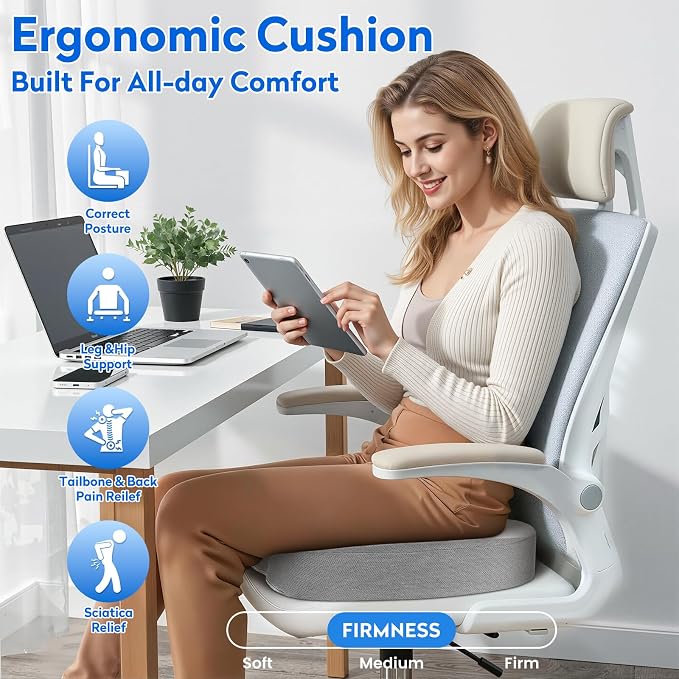 CushZone Seat Cushion, Office Chair Cushions, Car Seat Cushion, Non-Slip Sciatica & Back Coccyx Tailbone Pain Relief Chair Pad, Memory Foam(Light Grey)